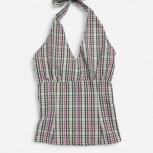 Upcycled Y2K Halter Top XS S Smocked Back Tie Neck Cottagecore Summer